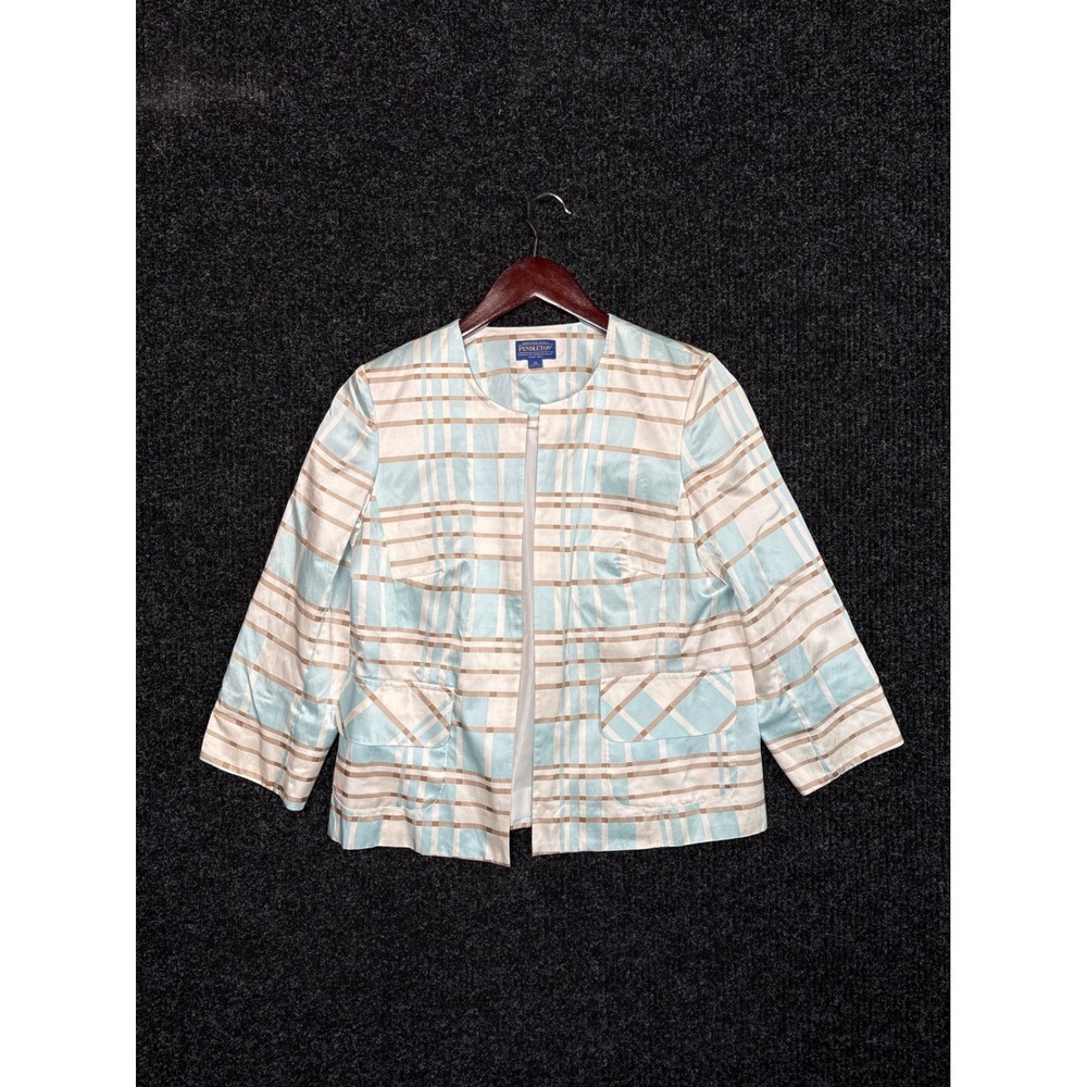 Pendleton Womens 10P Blue Tan Plaid Silk Blend Collarless Open Front Blazer